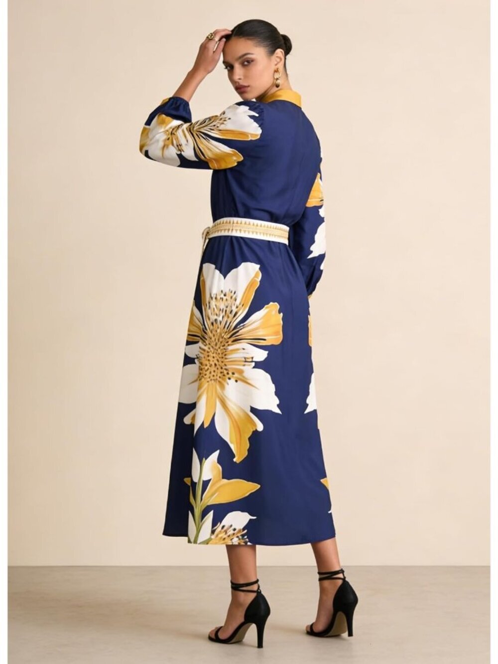 Women's Summer Maxi Dress Navy Long Sleeve Button Down Shirt Dress with Pocket - Picture 5 of 6